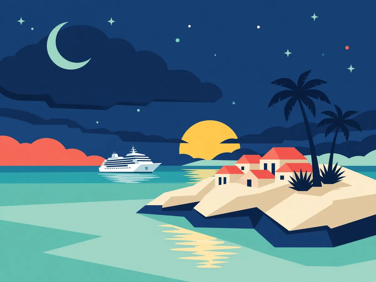 Illustrated Caribbean island and cruise ship in navy, mint and coral