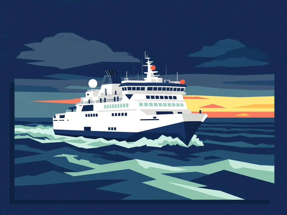 Illustrated European ferry on navy water at dusk