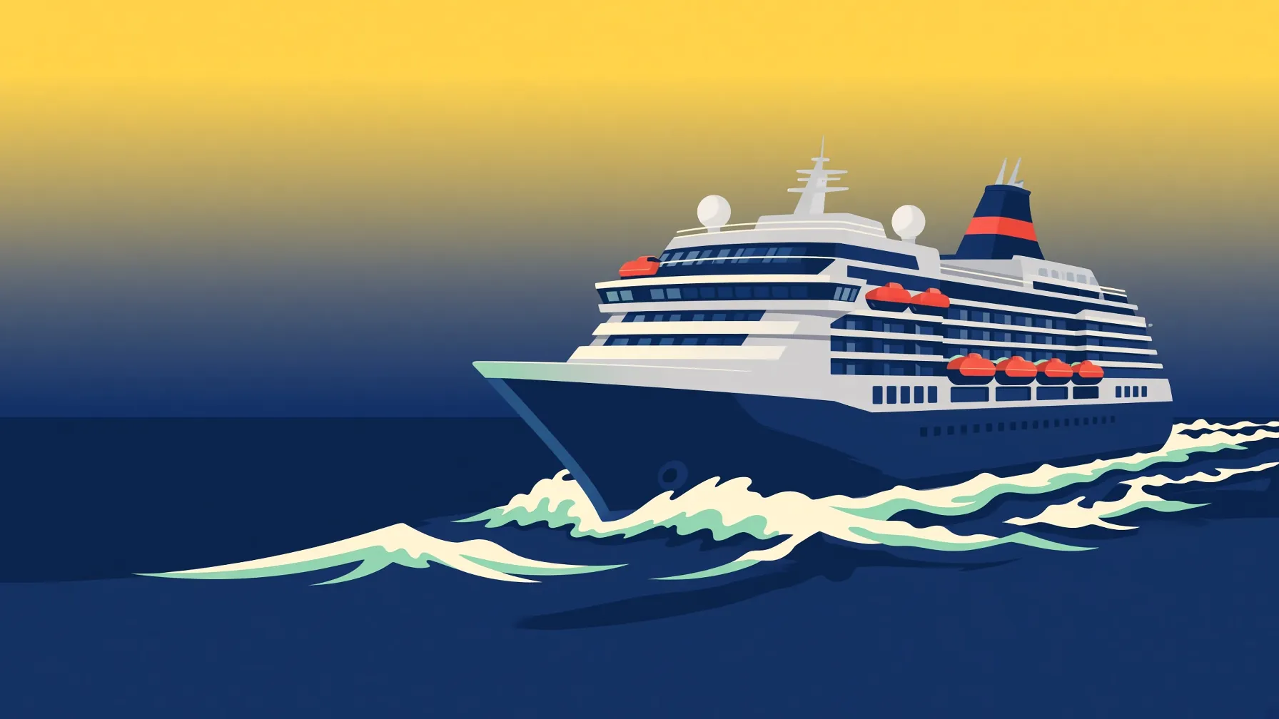 Illustrated cruise ship on navy water at golden hour