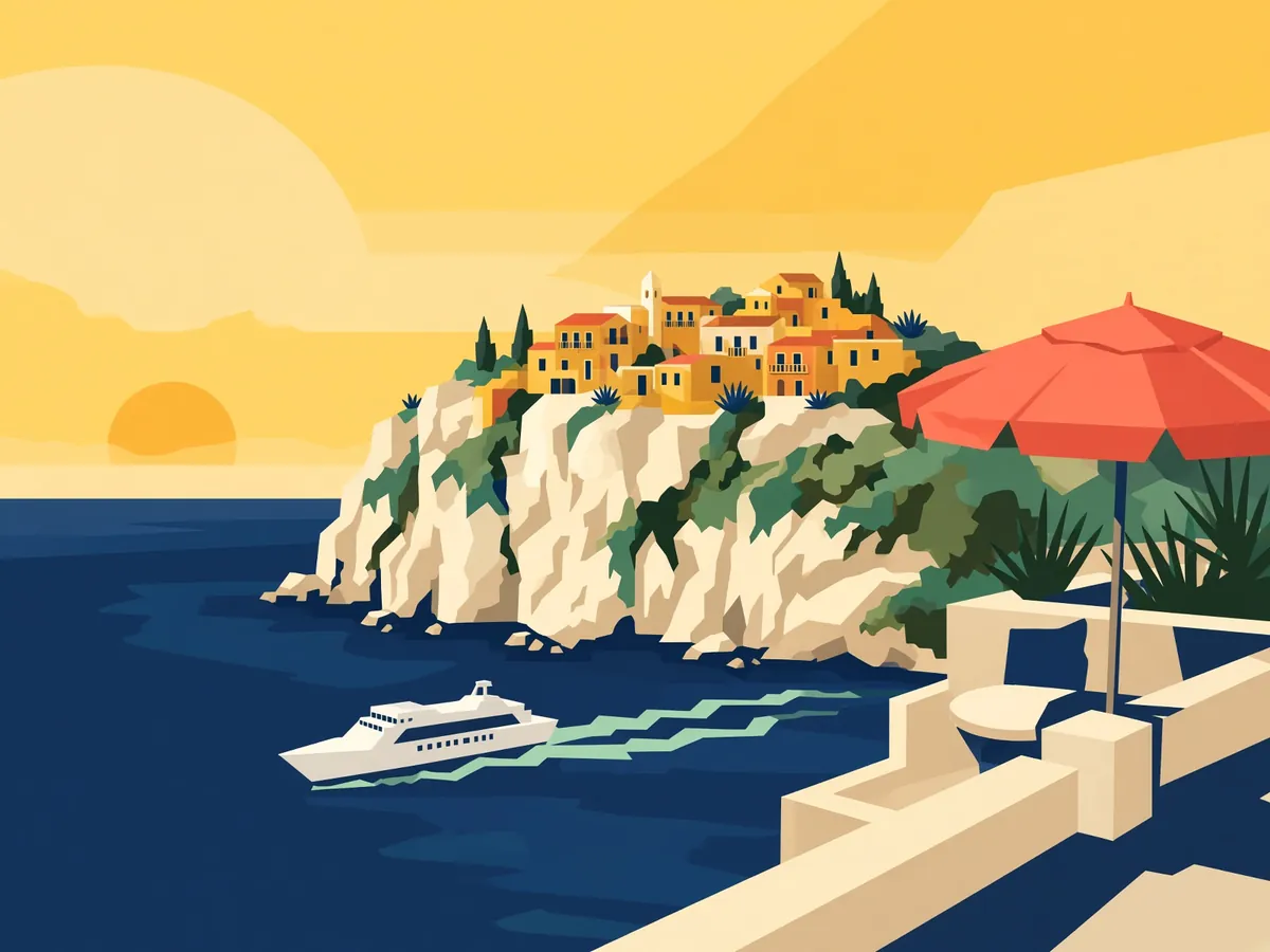 Illustrated Mediterranean cliff town and cruise ship